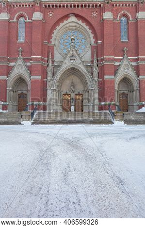 Fragments Of A Building, Winter Landscape, St. Johns Church, Ullanlinna, Helsinki. High Quality Phot