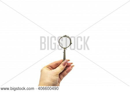 Hand Hold An Old Vintage Lorgnette From The Middle Of The Nineteenth Century On The White Background