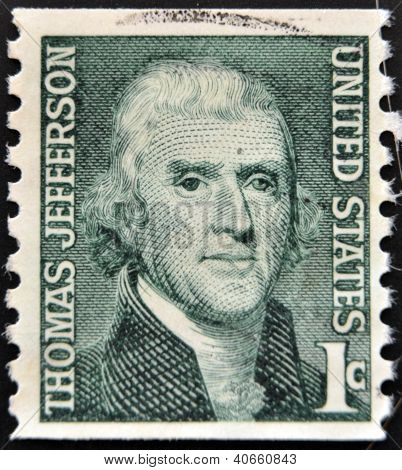 สหรัฐอเมริกา - เซอร์กา 1930: แสตมป์พิมพ์แสดงภาพแนวตั้งในสหรัฐอเมริกา Thomas Jefferson