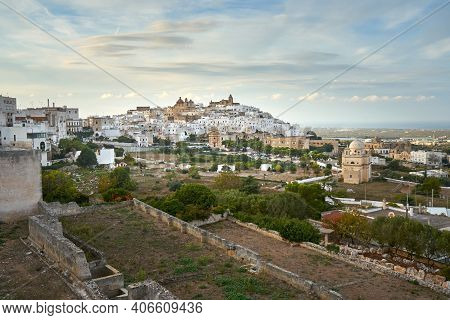 Ostuni White Town Skyline And Madonna Della Grata Church Brindisi Apulia Southern Italy Europe