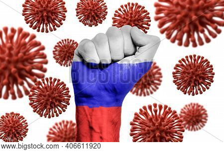 Russia Flag Fist Fighting Off Coronavius Disease