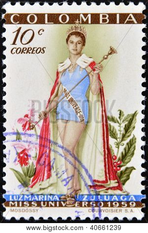 COLOMBIA - ca 1959: En stämpel tryckt i Colombia visar Luz Marina Zuluaga Miss Universe circa 1959