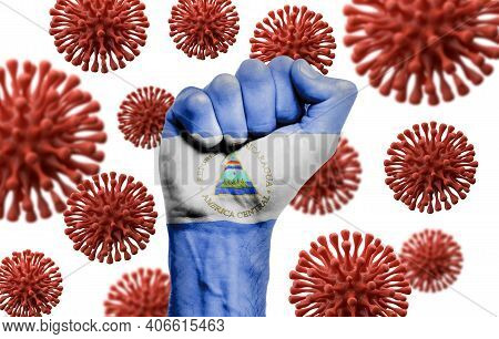 Nicaragua Flag Fist Fighting Off Coronavius Disease