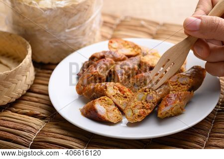 Northern Thai Sausage (sai Aua), Grilled Intestine Stuffed With Minced Pork, Spices And Herbs, Popul