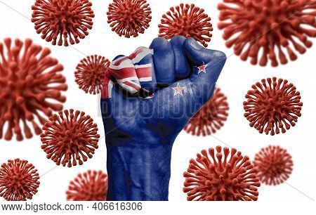 New Zealand Flag Fist Fighting Off Coronavius Disease