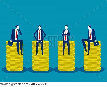 Business Team Sitting On Coin Piles. Universal Basic Income