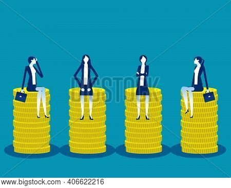 Business Team Sitting On Coin Piles. Universal Basic Income