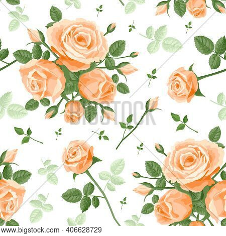 Seamless Pattern Of Orange Roses. Vector Illustration, Background, Background. For Wallpaper, Textil