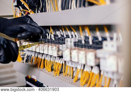 Electrician Engineer Work Tester Measuring Voltage And Current Of Power Electric Line In Electical C