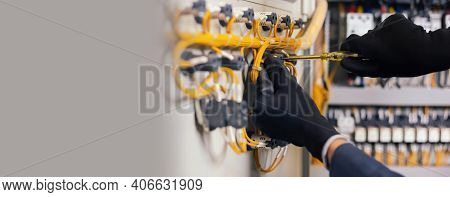 Electrician Engineer Work Tester Measuring Voltage And Current Of Power Electric Line In Electical C