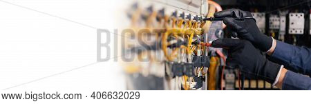 Electrician Engineer Work Tester Measuring Voltage And Current Of Power Electric Line In Electical C
