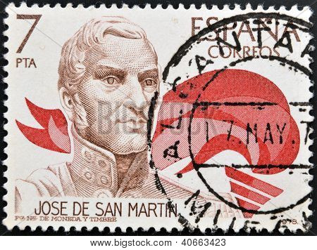 Španělsko - cca 1978: Razítko, vytištěné ve Španělsku ukazuje José de San Martin kolem roku 1978
