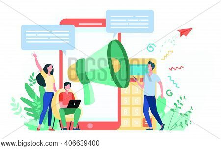Bloggers Advertising Referrals. Young People With Gadgets And Loudspeakers Announcing News, Attracti