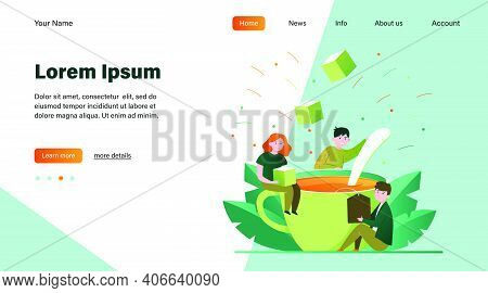 Happy People Mixing Sugar In Big Cup Of Tea. Spoon, Office, Lunch Flat Vector Illustration. Hot Beve