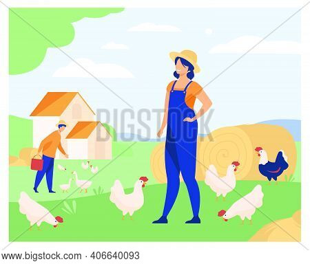 Farmers Working On Chicken Farm Isolated Flat Vector Illustration. Cartoon Woman And Man Breeding Po