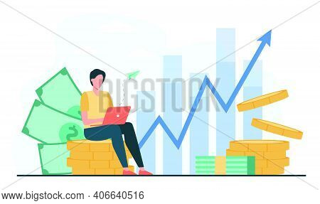 Investor With Laptop Monitoring Growth Of Dividends. Trader Sitting On Stack Of Money, Investing Cap