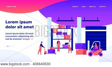 Logistic Workers Carrying Boxes With Loaders In Warehouse. Couriers Wheeling Carts With Cargo, Ridin