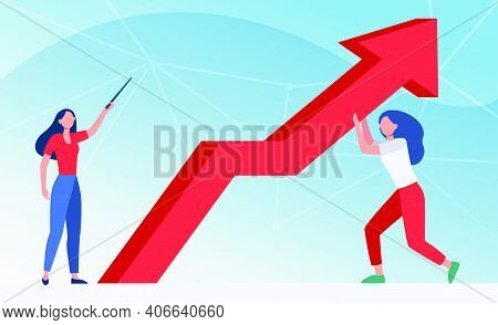 Managers Resisting Crisis. Woman Pointing Up, Her Colleague Holding Growth Arrow Flat Vector Illustr