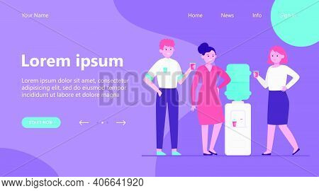 Positive People Drinking Water At Cooler. Office Colleagues, Chatting, Break Flat Vector Illustratio