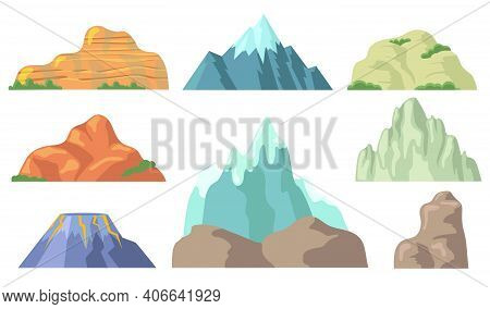 Various Mountain Peaks Flat Icon Set. Cartoon Shapes Of Rocky Hill, Snowy Promontory Top, Rock, Volc