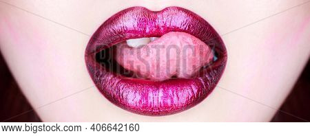 Woman Lip, Female Lips. Close Up, Macro With Beautiful Mouth. Tongue And Sexy Mouth. Sexy Lips, Tong