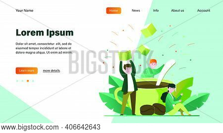 Tiny People Mixing Sugar In Big Cup Of Coffee Flat Vector Illustration. Cartoon Office Employees At 