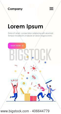 Customers Celebrating Sale. People Holding Gift, Credit Card, Loudspeaker, Dancing, Having Fun. Vect