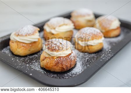 Traditional Home Made Swedish Semlor Pastry On A Table