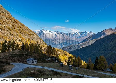 Panoramic View Of The Four Thousand Meter Mountains, Near The Simplon Pass In Switzerland.