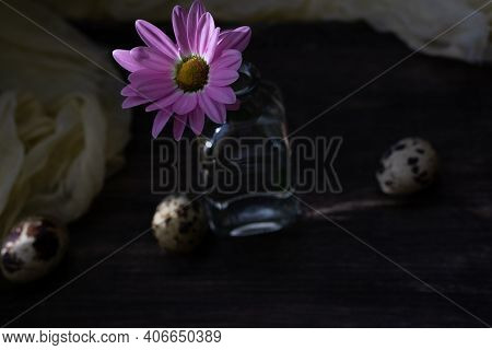 Still Life With Delicate Chamomile Flowers With Rose Petals On A Dark Wooden Background With A Kitch