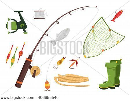 Fishing Equipment. Fisherman Tools. Set Of Accessories For Spinning With Crankbait, Lures, Twisters 