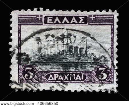 ZAGREB, CROATIA - SEPTEMBER 03, 2014: Stamp printed in Greece shows image of Cruiser Georgios Averoff, circa 1934