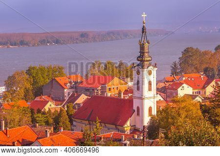Belgrade, Serbia Panoramic Aerial City View Of Zemun Houses With Church Tower And Danube River At Su