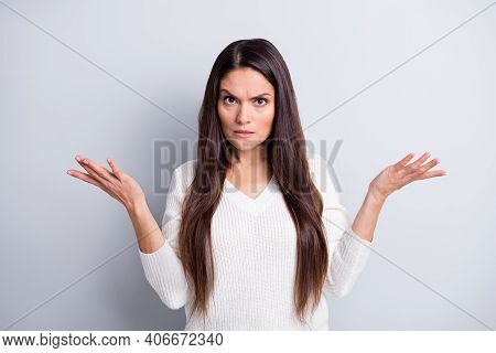 Portrait Of Attractive Discontent Puzzled Brown-haired Girl Pretense Isolated Over Grey Pastel Color