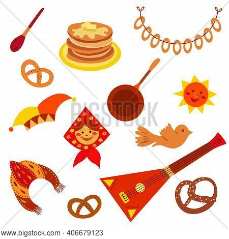 Maslenitsa Set. Shrovetide Collection. Maslenitsa Elements - Pancake, Balalaika, Sun, Kokoshnik. Pan