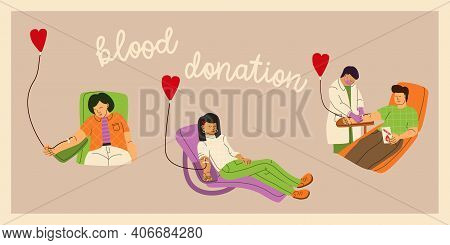 Blood Donor Concept. Men And Women Donate Blood Voluntarily. A Nurse Or Doctor In A Medical Uniform 
