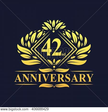 42 Years Anniversary Logo, Luxury Floral Golden 42nd Anniversary Logo.