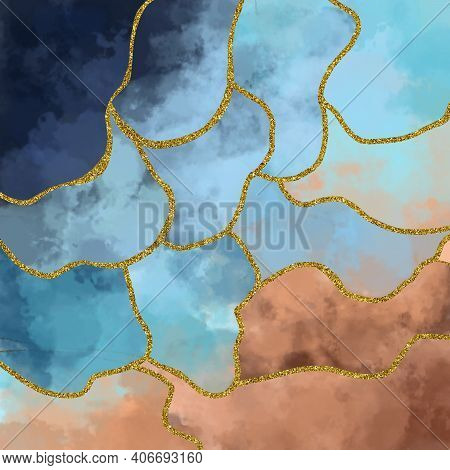 Bright Watercolor Background With Ink Streaks In Blue, Beige And Brown. Gold Stripes, Abstract Shape