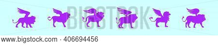 Set Of Winged Lion Cartoon Icon Design Template With Various Models. Modern Vector Illustration Isol