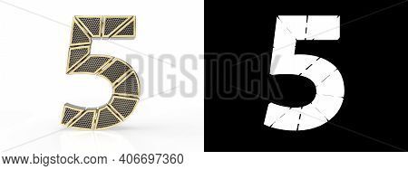 Gold Number Five (number 5) Cut Into Perforated Gold Segments With Alpha Channel And Shadow On White