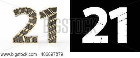 Gold Number Twenty-one (number 21) Cut Into Perforated Gold Segments With Alpha Channel And Shadow O