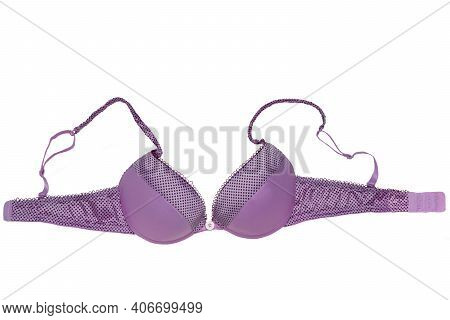 Bra Isolated. Closeup Of Beautiful Female Stylish Pink Bra With Straps And Dots Pattern Isolated On 