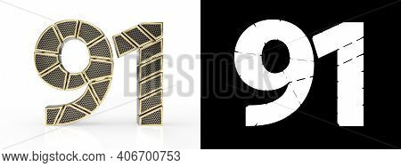 Gold Number Ninety-one (number 91) Cut Into Perforated Gold Segments With Alpha Channel And Shadow O