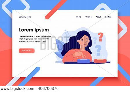 Puzzled Woman Choosing Between Two Buttons And Pushing Blue One. Vector Illustration For Difficult C