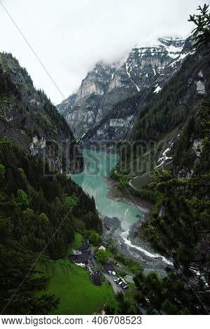 Panorama Valley View Of Alpine Mountain Village Hamlet St Martin Im Calfeisental Gigerwaldsee St Gal