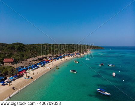 Aerial Drone View Of Playa Blanca Isla Baru White Sand Beach Turquoise Blue Ocean Water Cartagena Co