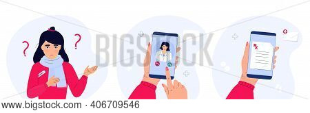 Confused Sick Girl With Temperature Holds A Thermometer Under Her Arm. The Patient Makes A Video Cal