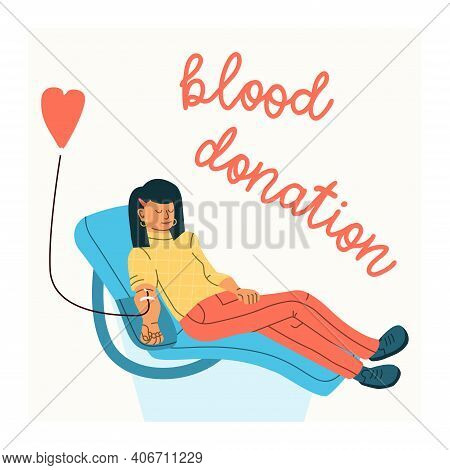 Vector Illustration Of A Woman Voluntarily Donates Blood. Blood Donation Concept. Flat Trending Char