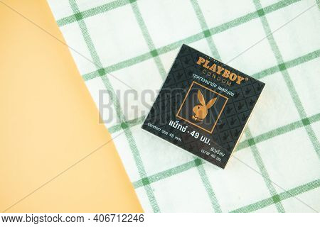Samut Prakan, Thailand - February 5, 2021 : A Box Of Playboy Condom Size 49 Mm. Playboy Brands Of Co