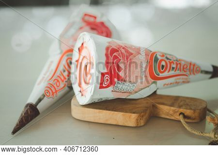 Samut Prakan, Thailand - February 2, 2021 : The New Ice Cream Cornetto Love Rose Comes With The Shap